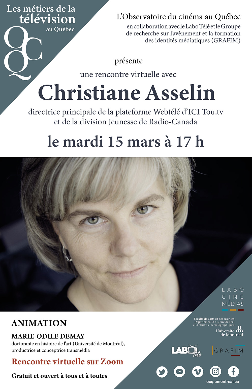 You are currently viewing 15/03/2022 - Mardis de l'OCQ : Rencontre virtuelle avec Christiane Asselin
