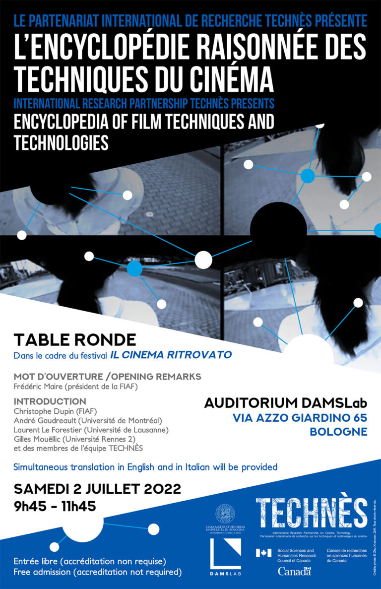 Read more about the article 02/07/2022 - Table ronde – Lancement de l’Encyclopédie raisonnée des techniques du cinéma, 2 juillet 2022, Bologne